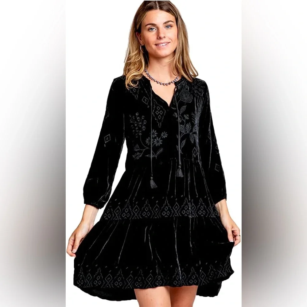 Johnny Was Women’s Ivey Velvet Field Tiered Silk Blend Black Long Sleeve Dress - Picture 1 of 8
